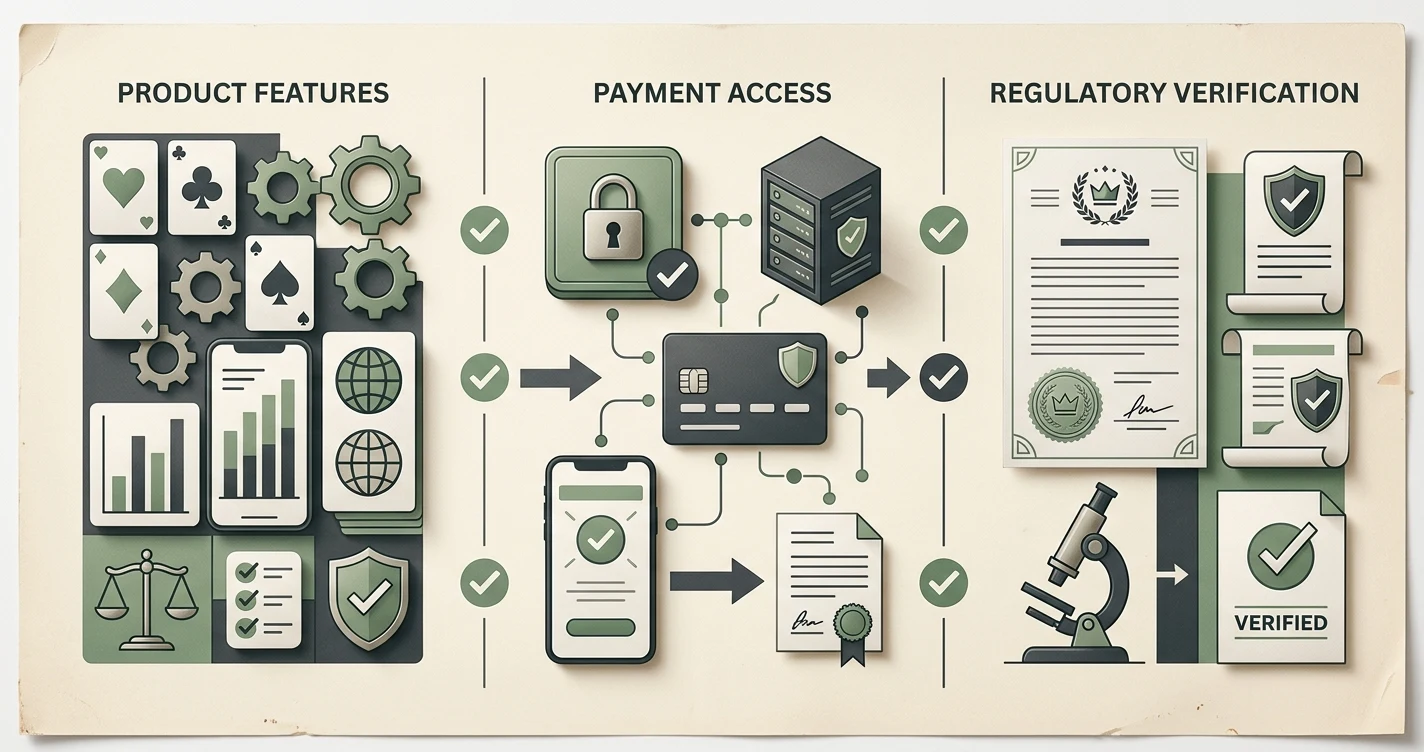 Illustrated casino decision checklist comparing product access, payments and regulatory verification