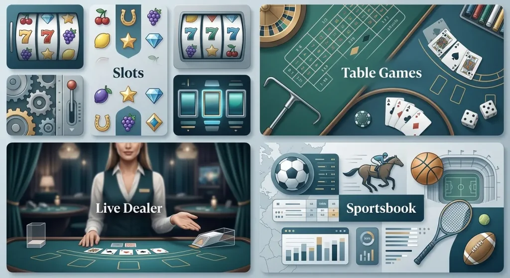 Abstract casino game-category mosaic with slots table games live dealer and sportsbook elements