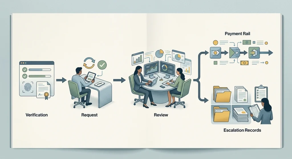 Illustrated withdrawal workflow from account checks to payment and dispute records