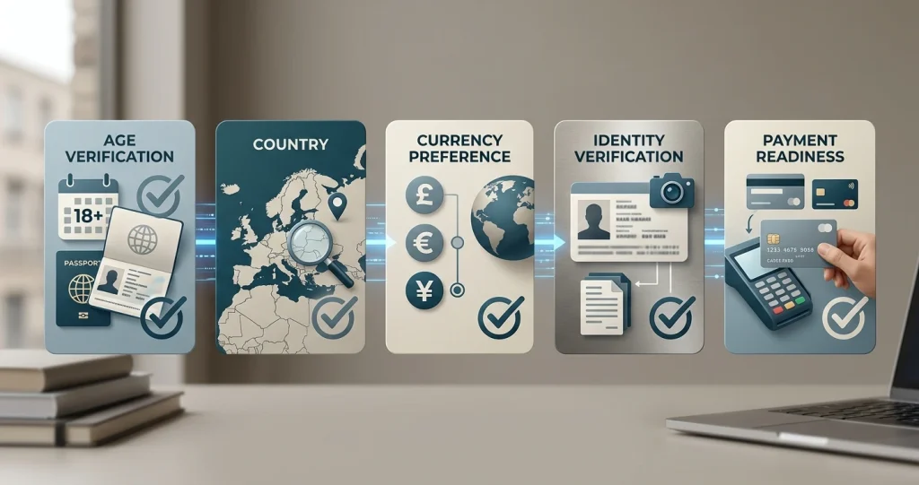 Account opening checklist showing age country currency verification and payment checkpoints