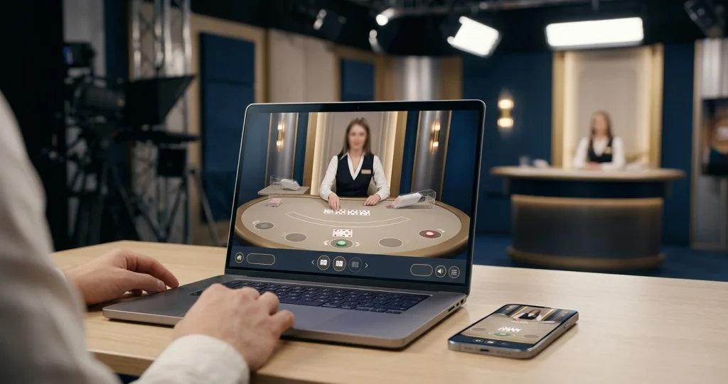 Conceptual live dealer casino studio shown across laptop and mobile browser screens