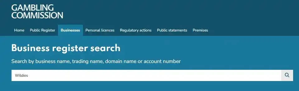 UK Gambling Commission public register search used for the Wildies licence check