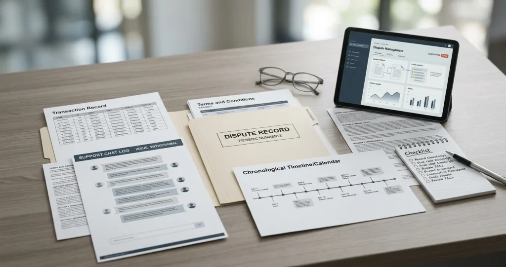 Casino dispute documentation with transaction record support transcript terms and timeline
